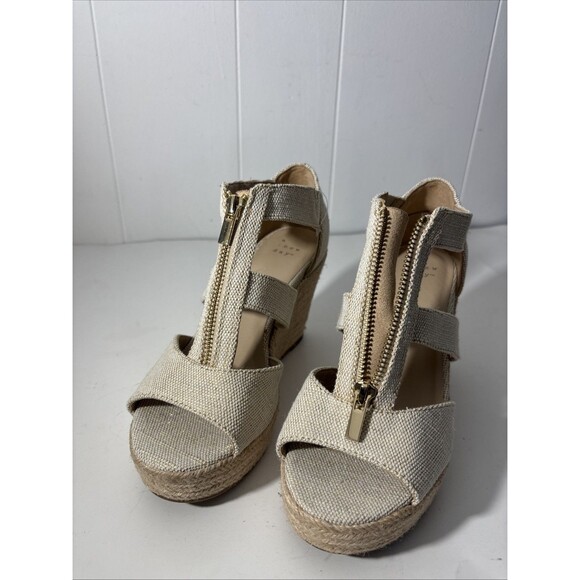 Wedge Platform Sandals Nude Tan Peep Toe Espadrille Dressy Gold Zip Sz 7 NWOT - Picture 3 of 16